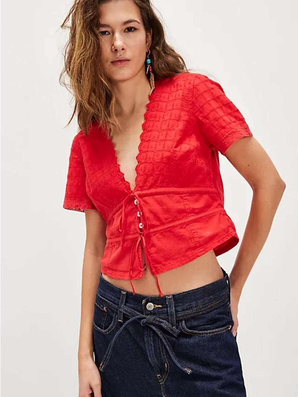 Free People We The Free Red Lace-Up V-Neck Riviera Eyelet Short Sleeve Crop Top